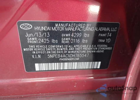 2013 Hyundai Sonata Gls z USA, uszkodzony, nr VIN 5NPEB4ACXDH765547